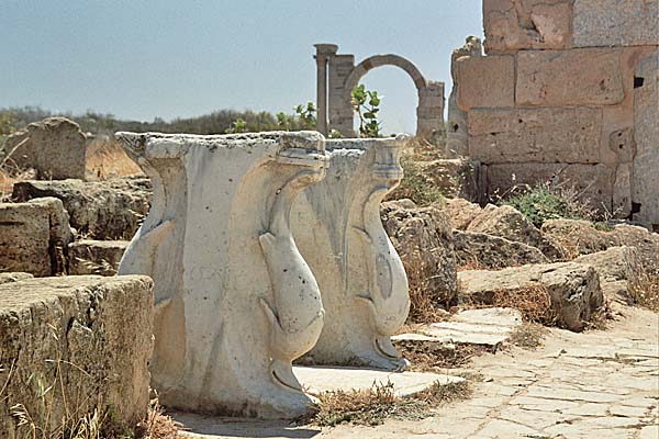 LeptisMagna_Mercato6.jpg - Il mercato, supporti di un banco in marmo con delfini